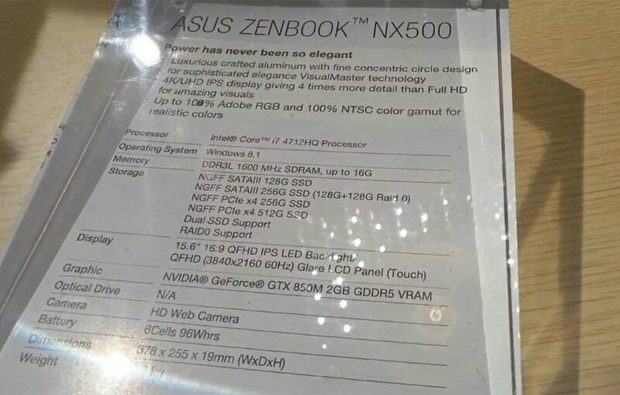 Asus Zenbook NX500 specs sheet - via Taptalk
