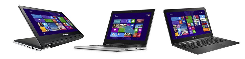 The Asus TP300 2-in-1, the Dell Inspirin 13 7000 2-in-1 and the fanless Asus Zenbook UX305FA, from left to right