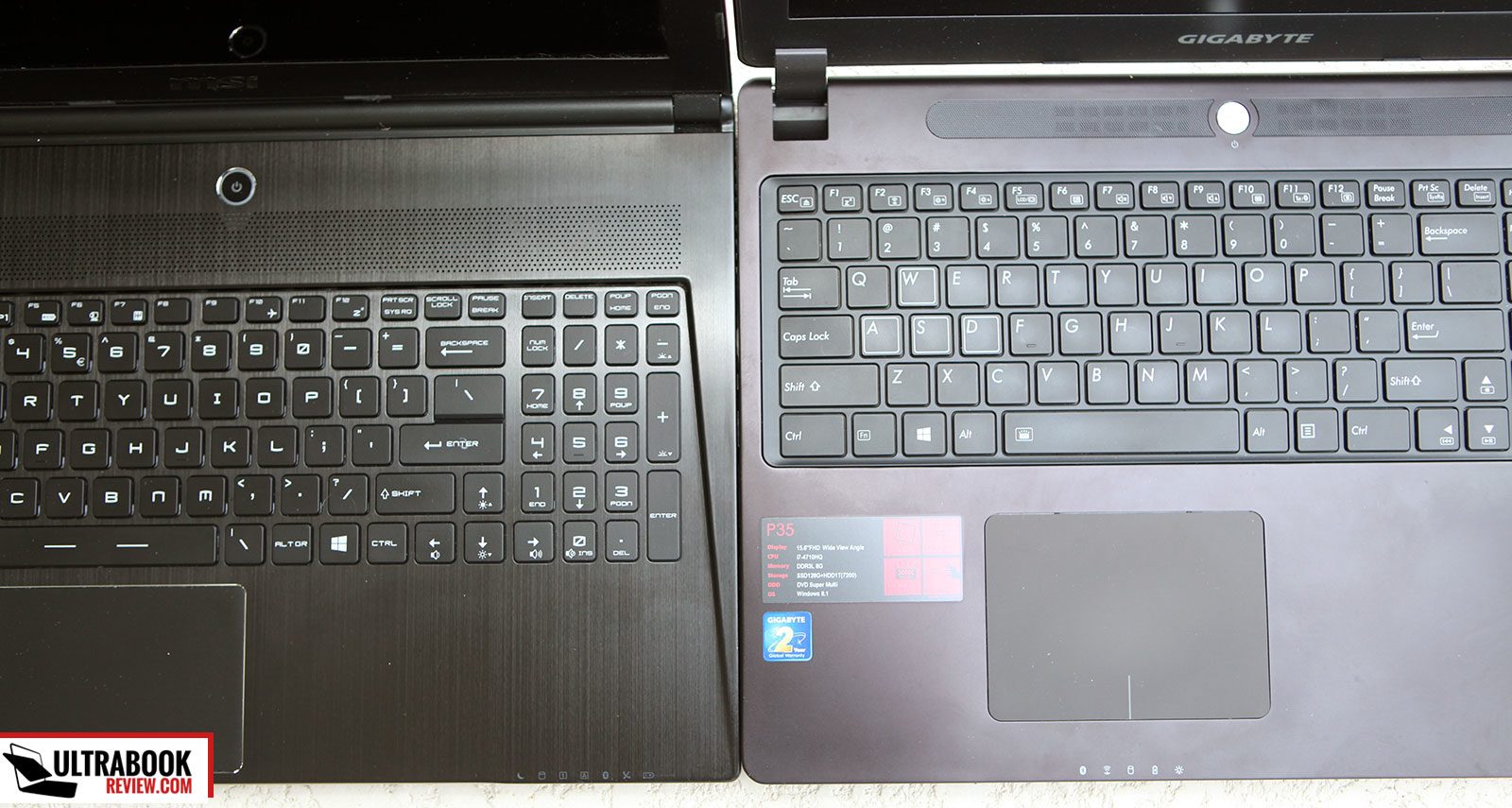 The keyboard on the MSI (left) sits lower than the keyboard on the Gigabyte (right)