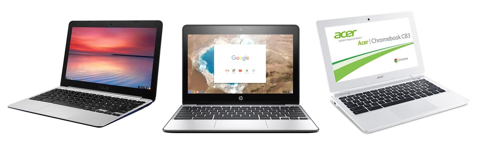 The Asus Chromebook C200 (left), Hp Chromebook 11 G5 (middle) and Acer Chromebook11 CB3 (right) are the best affordable Chromebooks out there