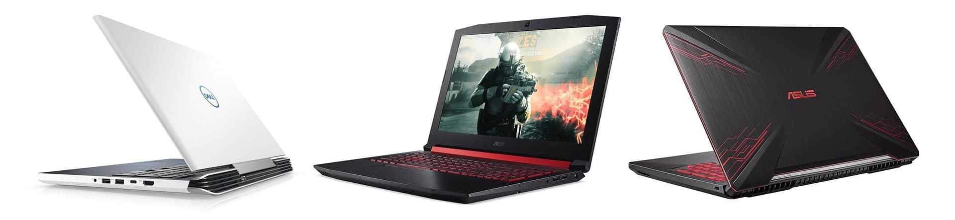 Full size 1050 Ti gaming laptops: Dell G7 (left), Asus TUF FX504 (middle) and Acer Nitro 5 (right)