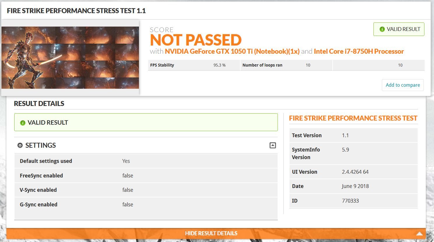 The system fails a relatively mild Fire Strike stress test of 10 loops, with a score of 95.3%.