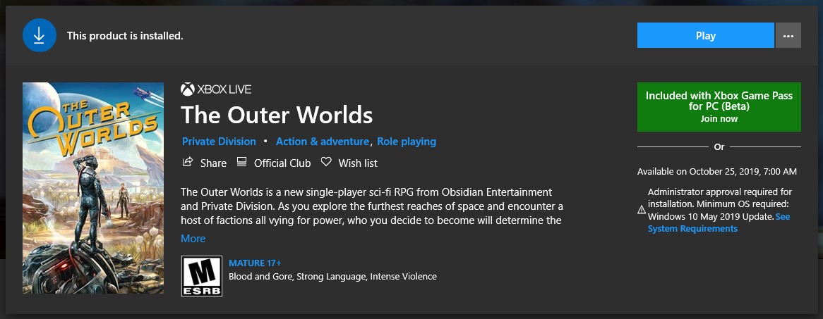 the outer worlds microsoft store