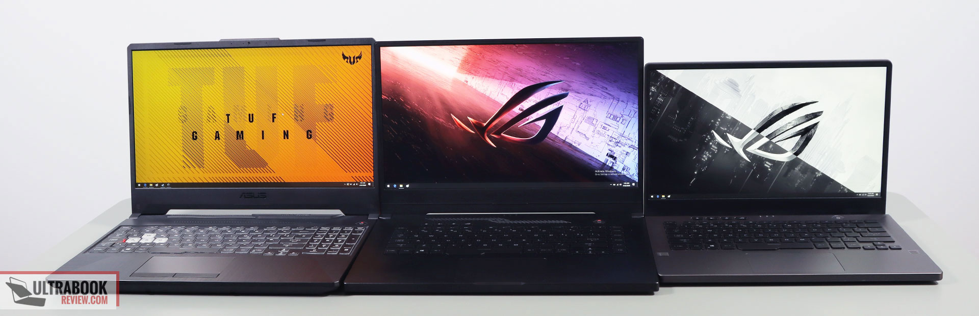 Asus TUF A15 (left), Zephyrus G15 (middle) and Zephryus G14 (right)