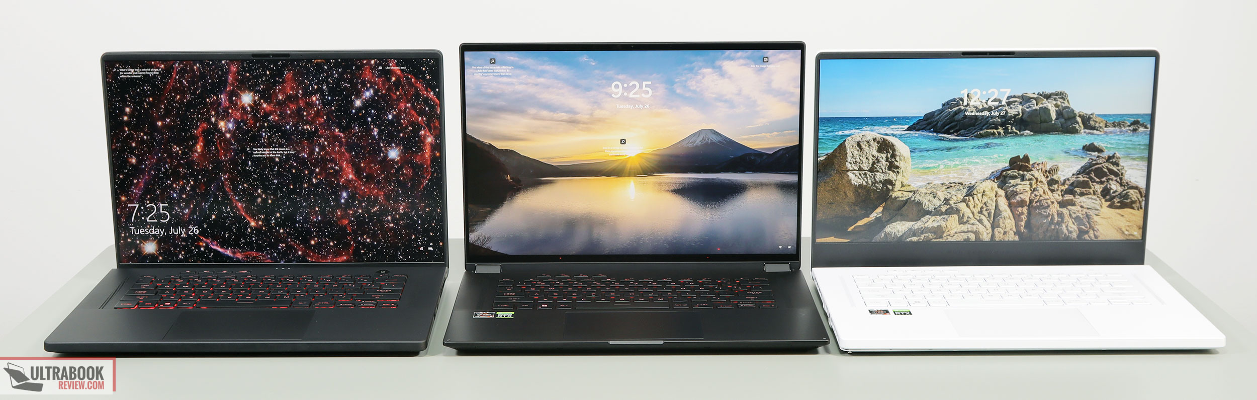 ROg portbale gaming laptops: Zephyrus M16 (Left), Flow X16 (middle), Zephyrus G15 (Right)